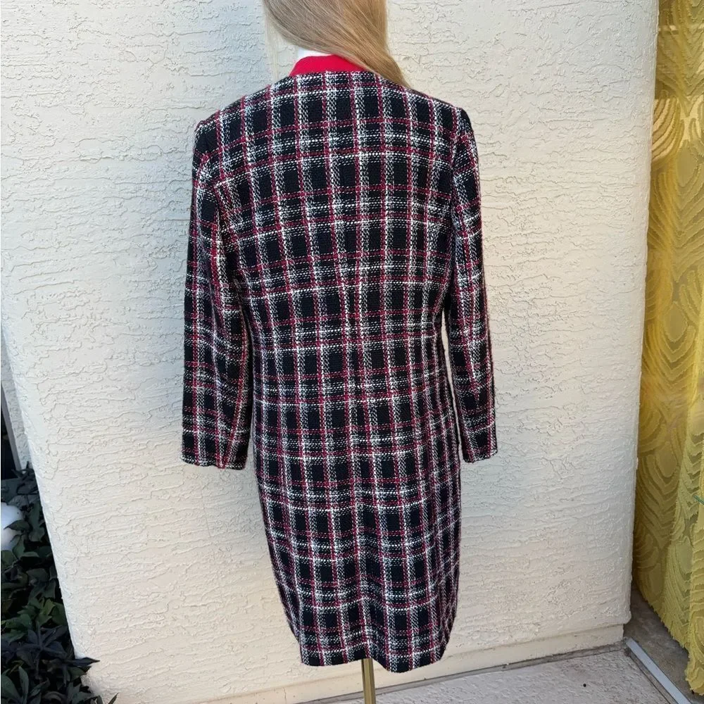 Calvin Klein Plaid Tweed Long Jacket Coat Black Red White Size 12 EUC Lined